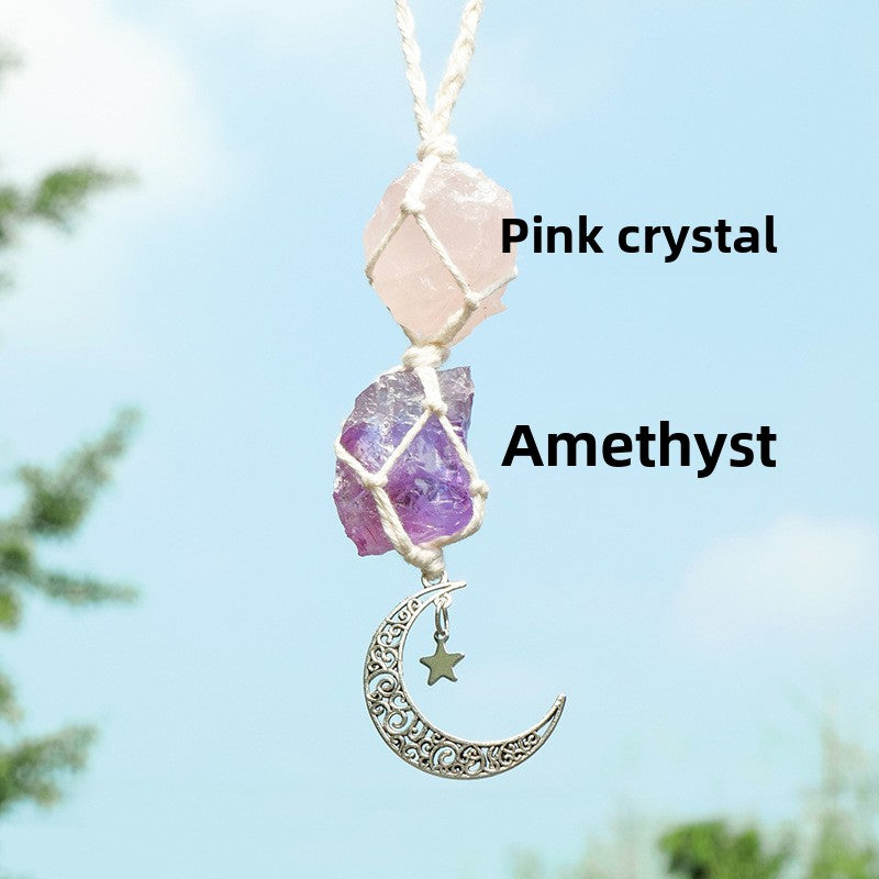 Amethyst & Rose Quartz Car Charm – Moon & Star Crystal Pendant