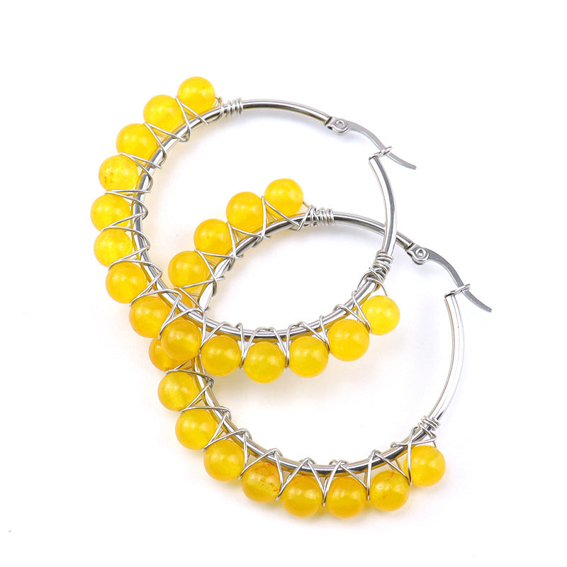 Raw Crystal Hoop Earrings – 5cm Natural Stone Bead Earrings (E26)