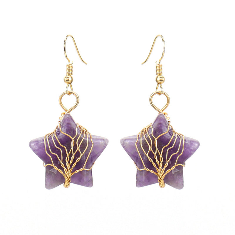 Pentagram Crystal Earrings – Amethyst Tree of Life