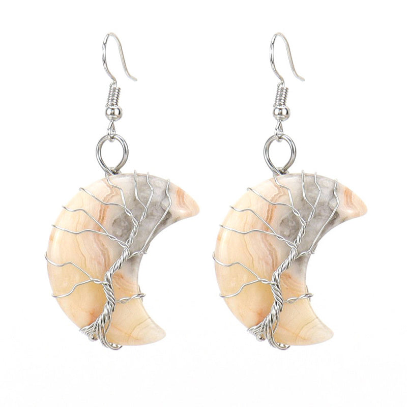 Tree of Life Moon Earrings – Amethyst Crystal Crescent Dangle (E36)