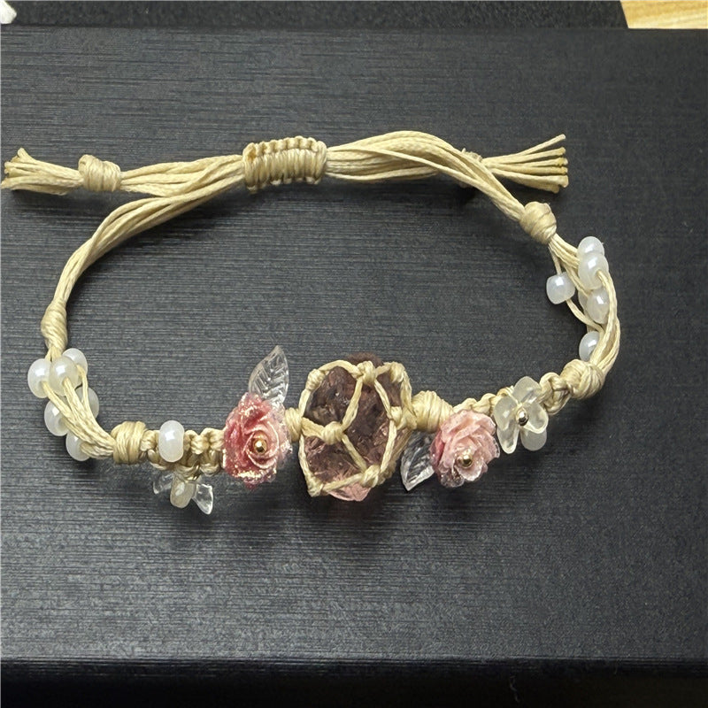 Natural Raw Glass Stone Bracelet – Handwoven Floral Macrame