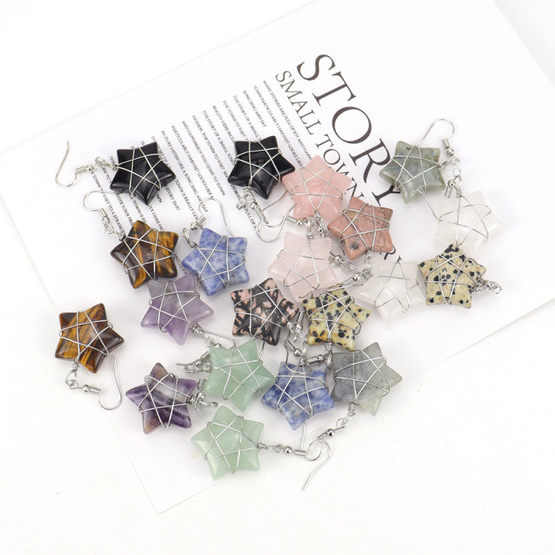 Tiger Eye Star Crystal Earrings – Handwrapped Stone Studs (E44)