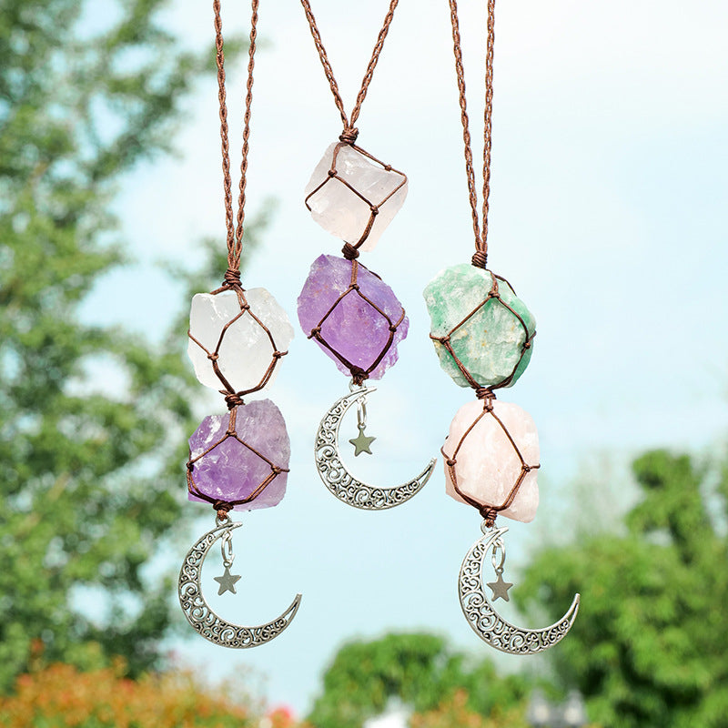 Amethyst & Rose Quartz Car Charm – Moon & Star Crystal Pendant