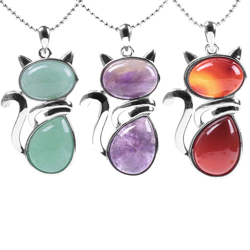 Buddha Stones Cat Pattern Natural Crystal Protection Necklace Pendant Necklaces & Pendants BS main