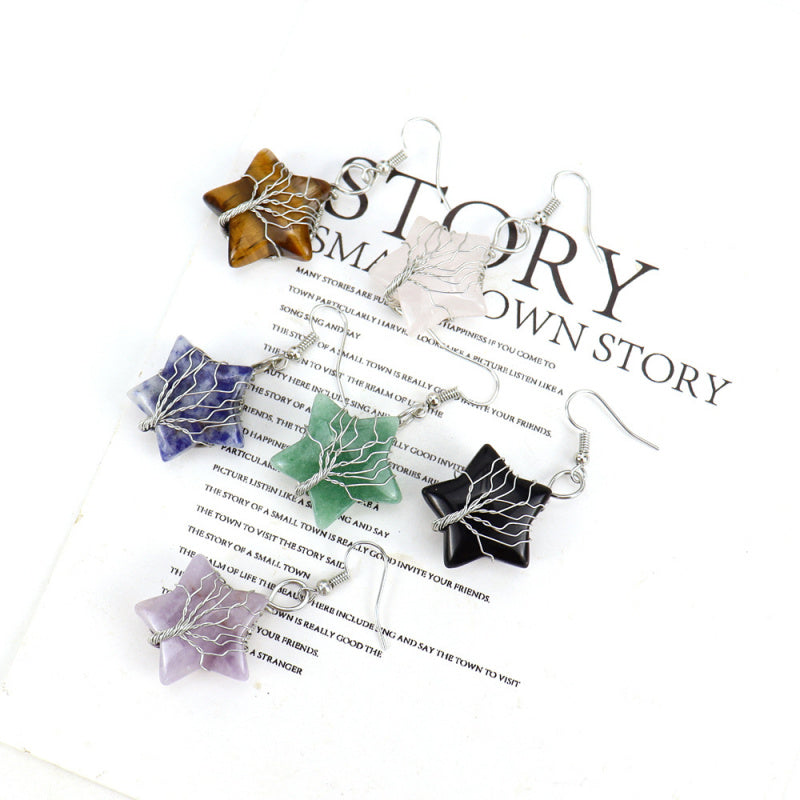Pentagram Tree of Life Crystal Earrings – Tiger Eye Raw Stone