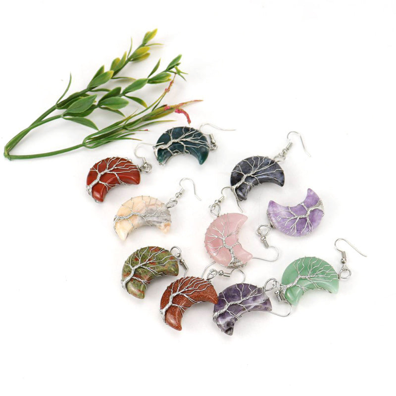 Tree of Life Moon Earrings – Amethyst Crystal Crescent Dangle (E36)