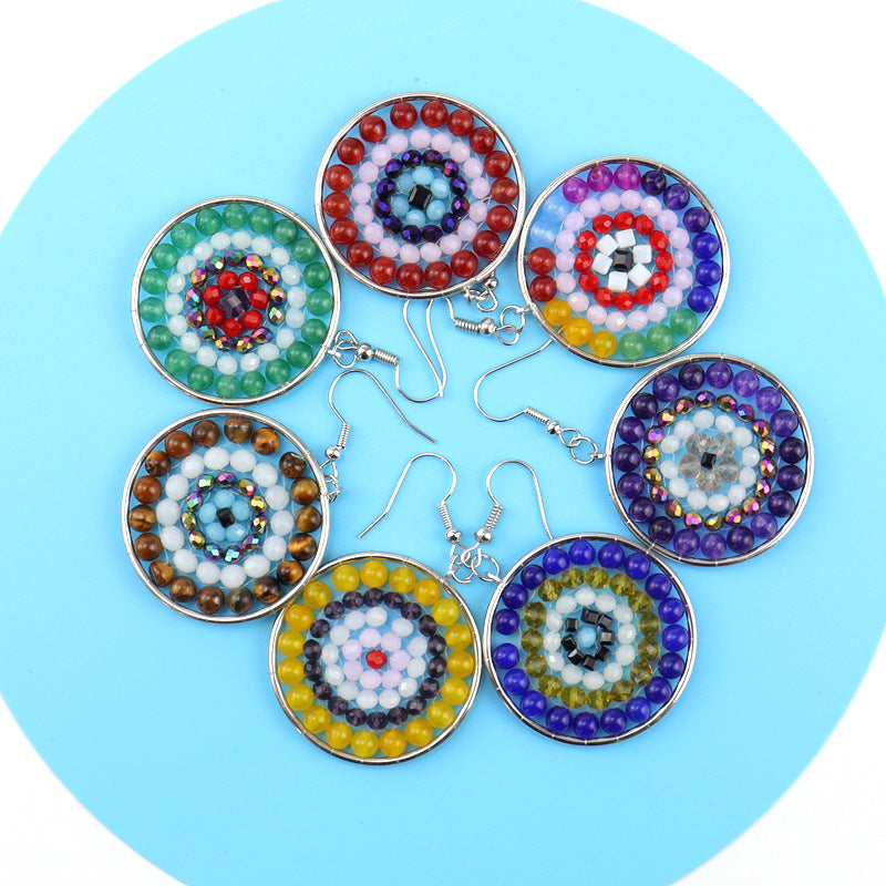 Boho Rainbow Stone Hoop Earrings – 4cm Handwoven Crystal Beads (E30)