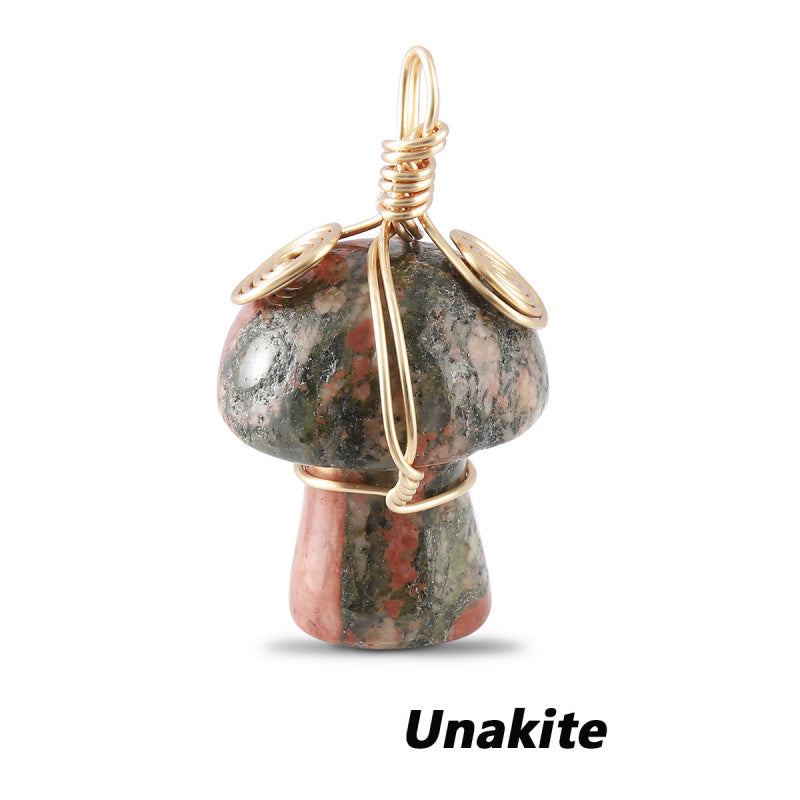 Natural Gemstone Mushroom Pendant - Wire-Wrapped Crystal Necklace