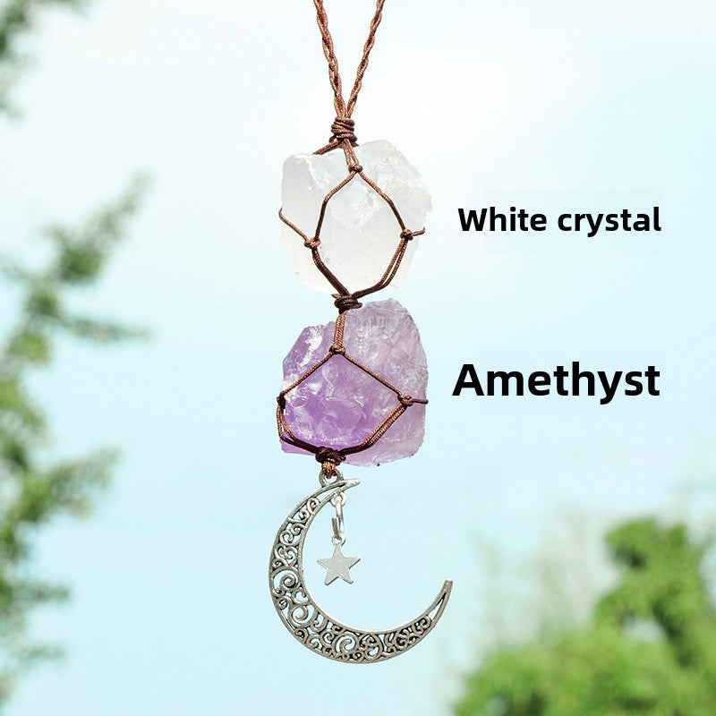Amethyst & Rose Quartz Car Charm – Moon & Star Crystal Pendant