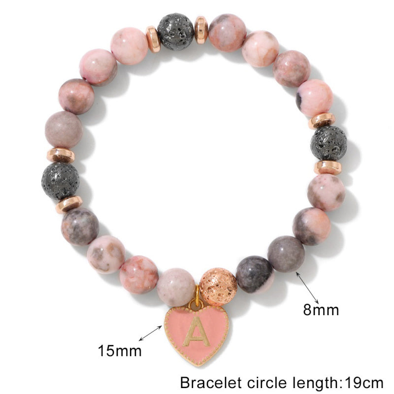 Pink Zebra Jasper Initial Bracelet – 8mm Beads, Heart Letter Charm