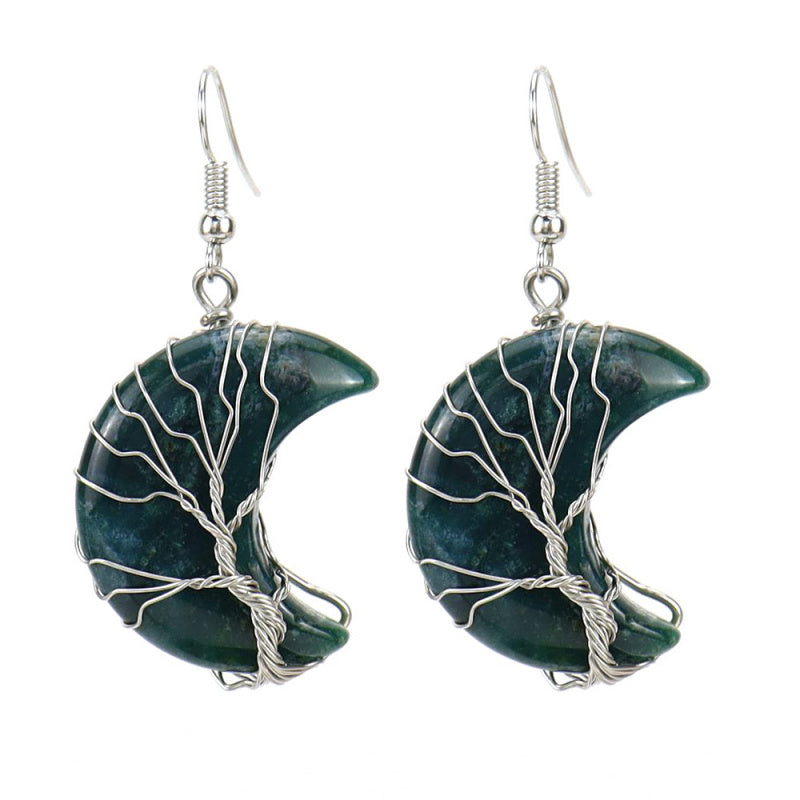 Tree of Life Moon Earrings – Amethyst Crystal Crescent Dangle (E36)