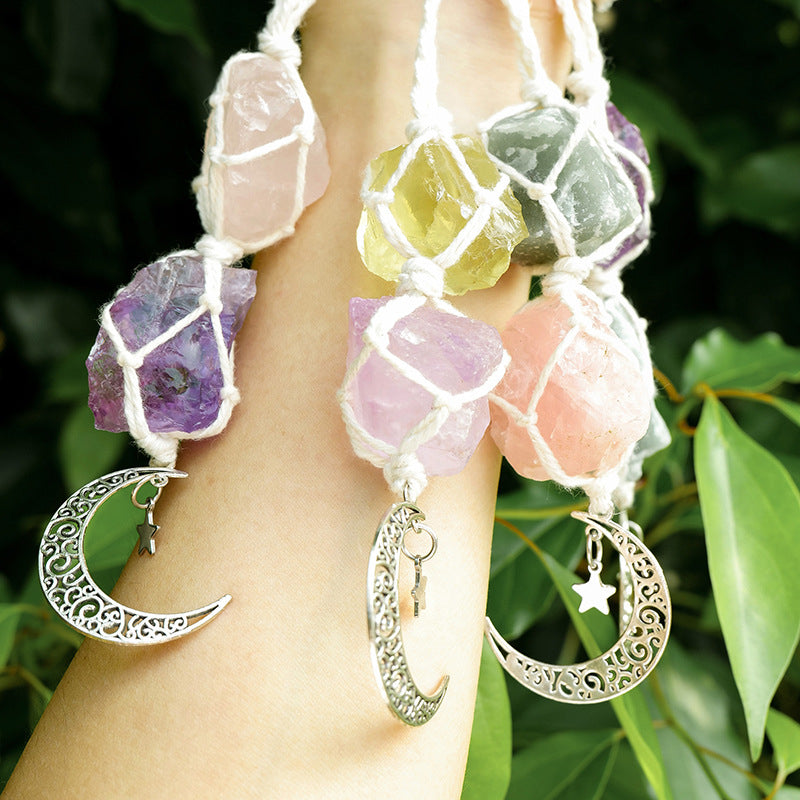 Amethyst & Rose Quartz Car Charm – Moon & Star Crystal Pendant