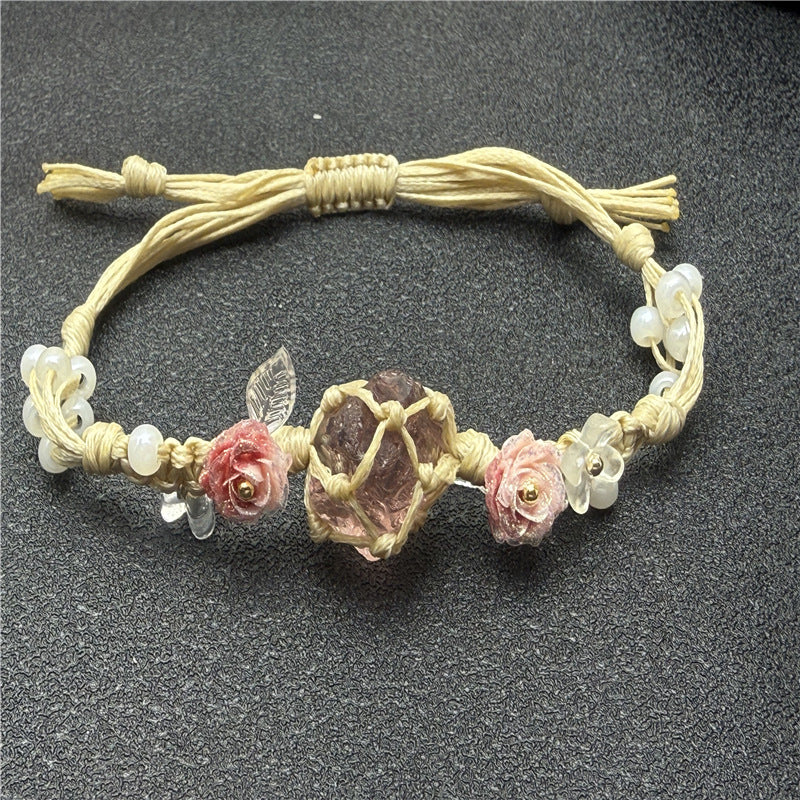 Natural Raw Glass Stone Bracelet – Handwoven Floral Macrame