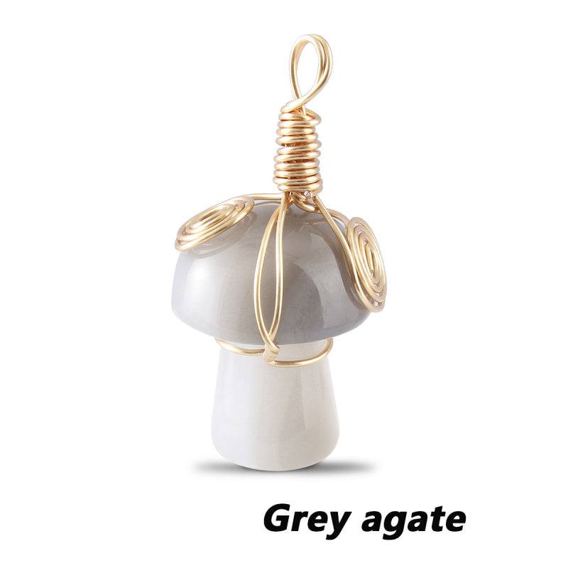 Natural Gemstone Mushroom Pendant - Wire-Wrapped Crystal Necklace