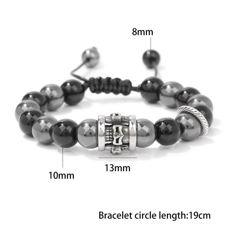 Punk Skull Bracelet – Black Obsidian Beaded, Adjustable, Rock Style
