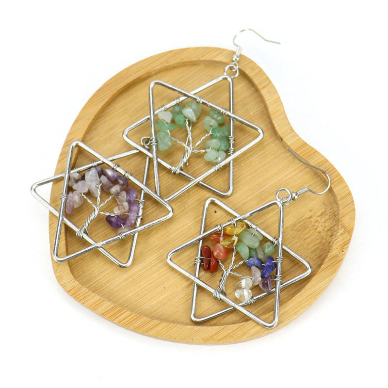 Tree of Life Hexagram Earrings – Rainbow Crystal Dangle (E17)