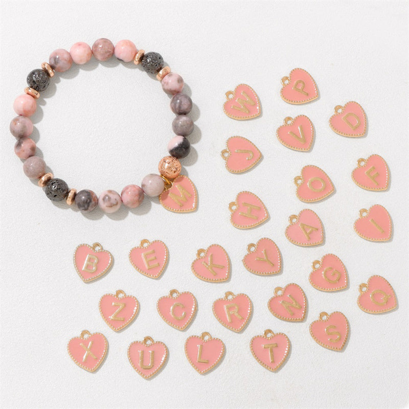Pink Zebra Jasper Initial Bracelet – 8mm Beads, Heart Letter Charm