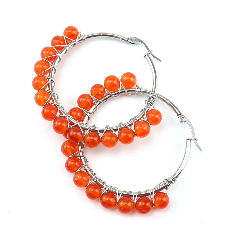 Raw Crystal Hoop Earrings – 5cm Natural Stone Bead Earrings (E26)