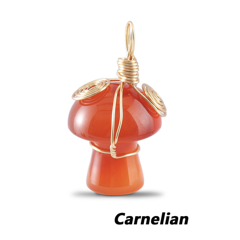 Natural Gemstone Mushroom Pendant - Wire-Wrapped Crystal Necklace