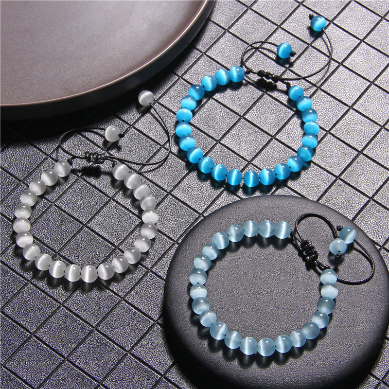 Cat Eye Stone Bracelet – 8mm Beads, Handmade Summer OL Style