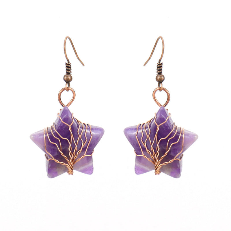 Tiger’s Eye Pentagram Earrings – Tree of Life Crystal Dangle (E56)