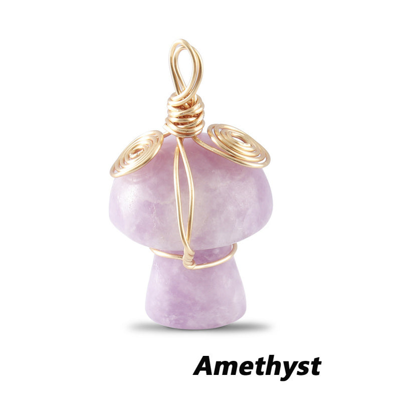 Natural Gemstone Mushroom Pendant - Wire-Wrapped Crystal Necklace