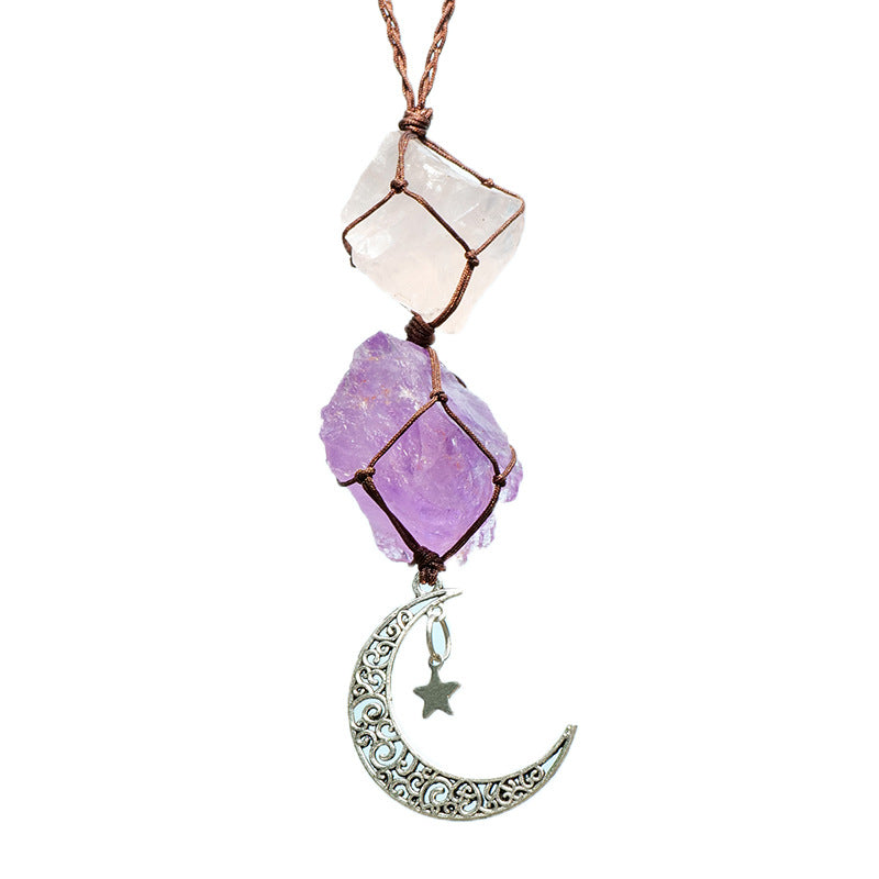 Amethyst & Rose Quartz Car Charm – Moon & Star Crystal Pendant