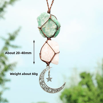 Amethyst & Rose Quartz Car Charm – Moon & Star Crystal Pendant
