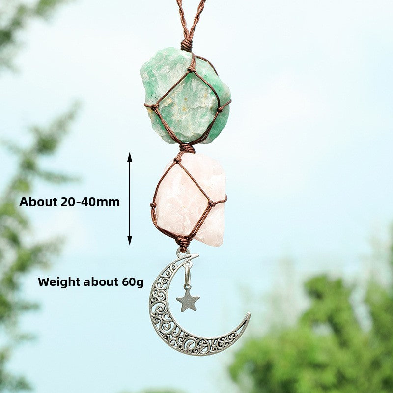 Amethyst & Rose Quartz Car Charm – Moon & Star Crystal Pendant