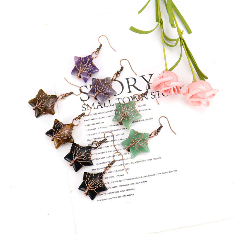 Tiger’s Eye Pentagram Earrings – Tree of Life Crystal Dangle (E56)