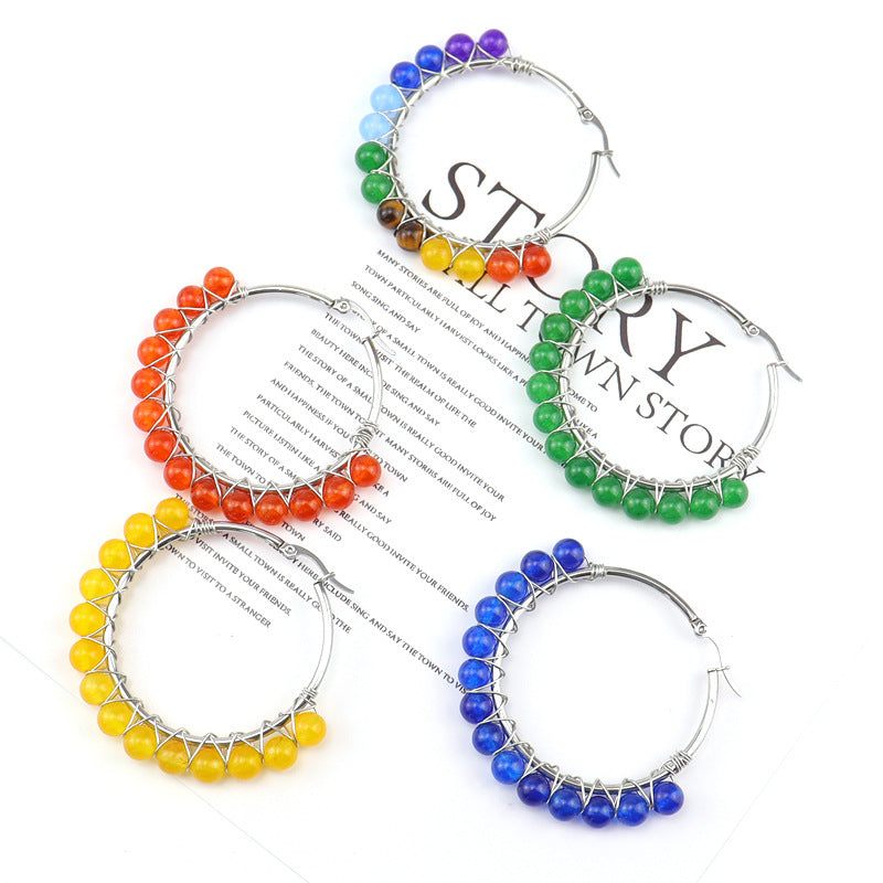 Raw Crystal Hoop Earrings – 5cm Natural Stone Bead Earrings (E26)