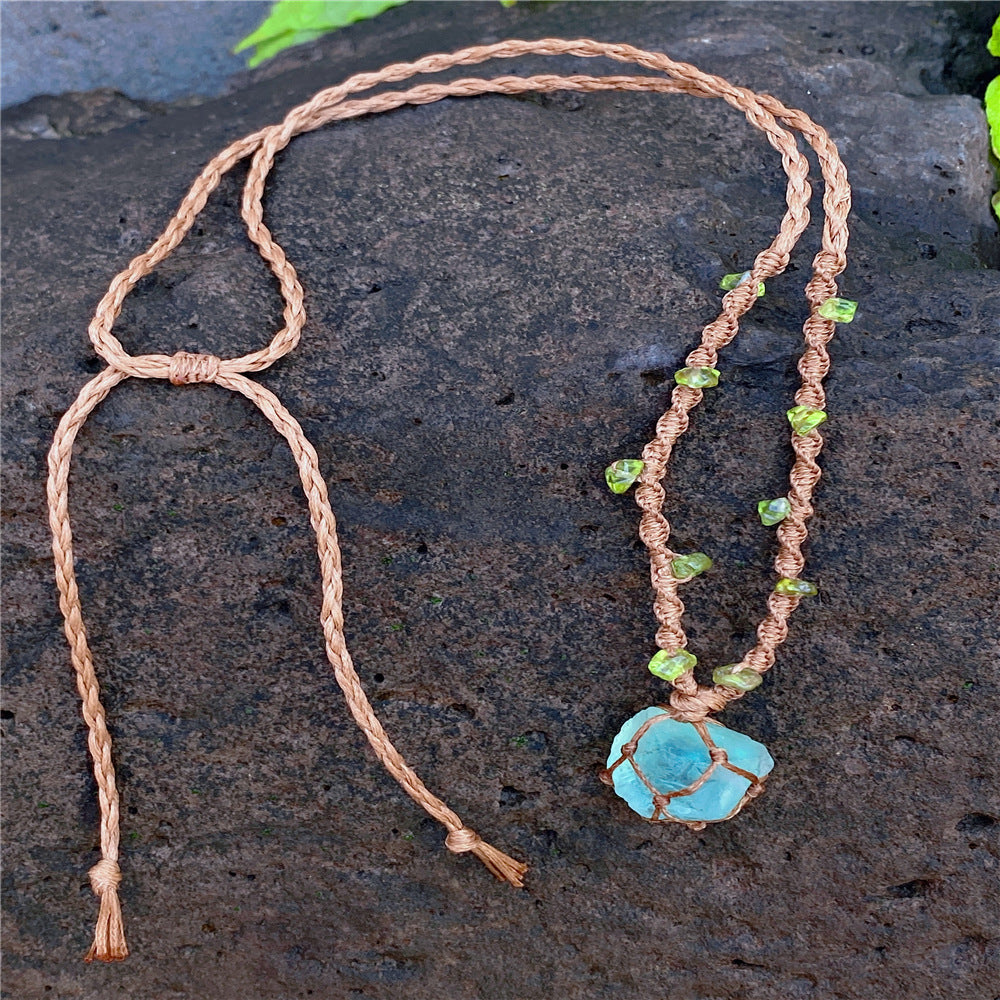 Fluorite Raw Stone Forest Bracelet/Necklace – Handwoven Macrame