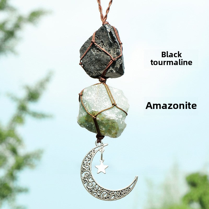 Amethyst & Rose Quartz Car Charm – Moon & Star Crystal Pendant