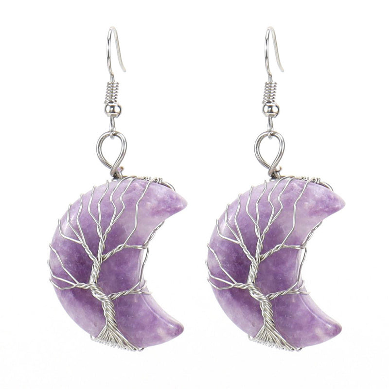 Tree of Life Moon Earrings – Amethyst Crystal Crescent Dangle (E36)
