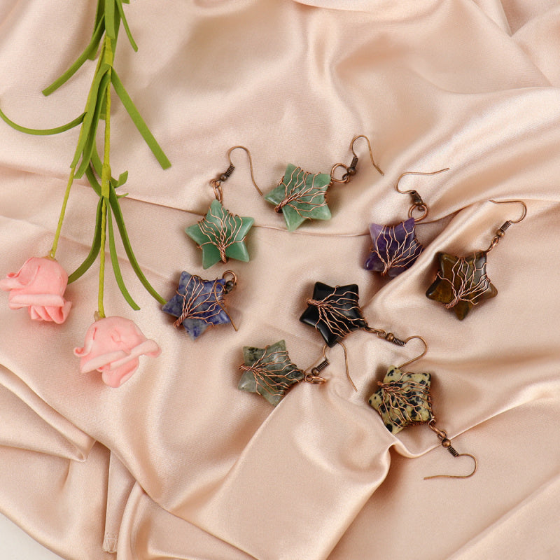 Tiger’s Eye Pentagram Earrings – Tree of Life Crystal Dangle (E56)