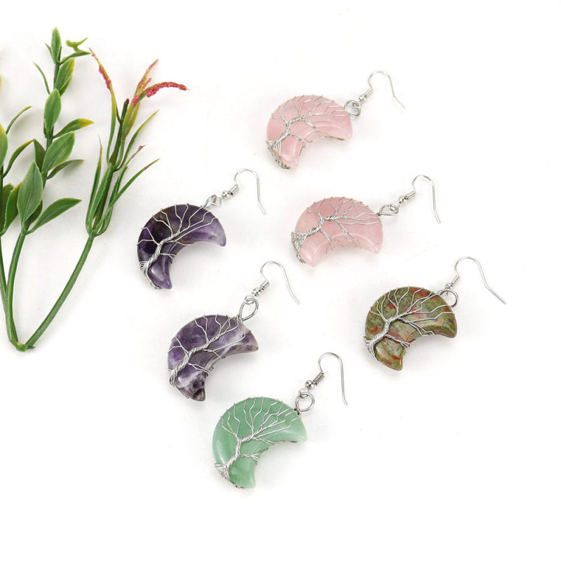 Tree of Life Moon Earrings – Amethyst Crystal Crescent Dangle (E36)