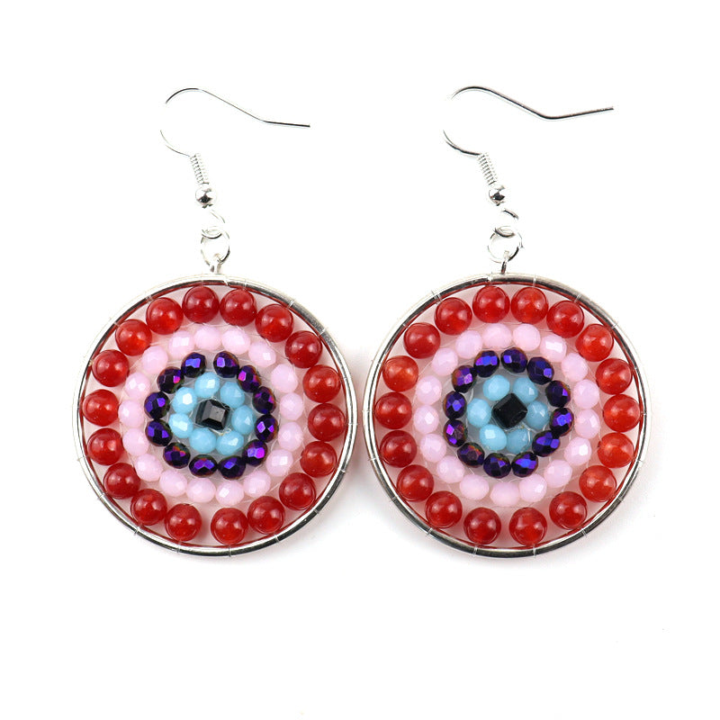 Boho Rainbow Stone Hoop Earrings – 4cm Handwoven Crystal Beads (E30)