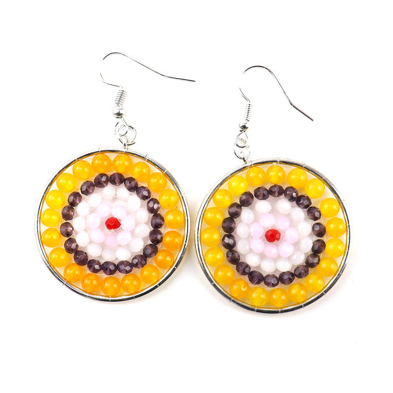 Boho Rainbow Stone Hoop Earrings – 4cm Handwoven Crystal Beads (E30)