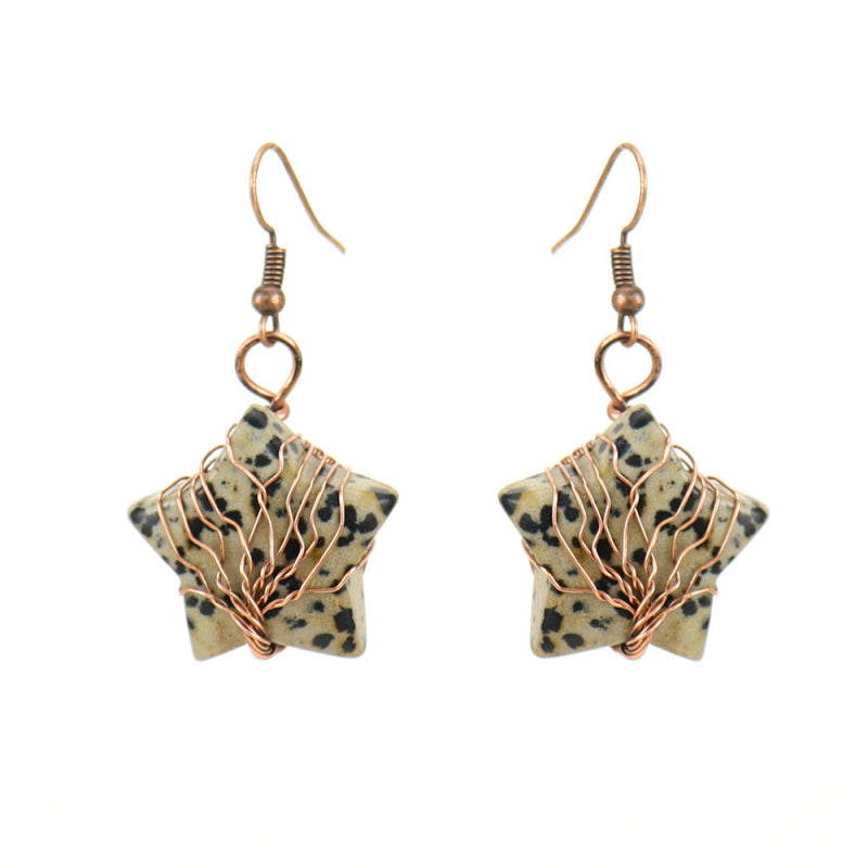 Tiger’s Eye Pentagram Earrings – Tree of Life Crystal Dangle (E56)