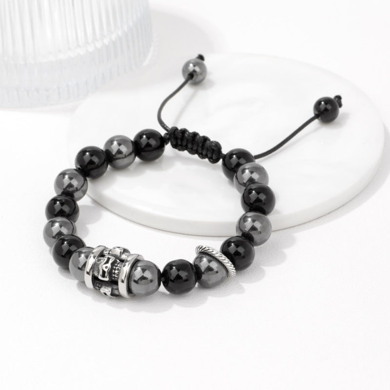 Punk Skull Bracelet – Black Obsidian Beaded, Adjustable, Rock Style