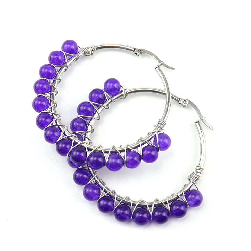 Raw Crystal Hoop Earrings – 5cm Natural Stone Bead Earrings (E26)