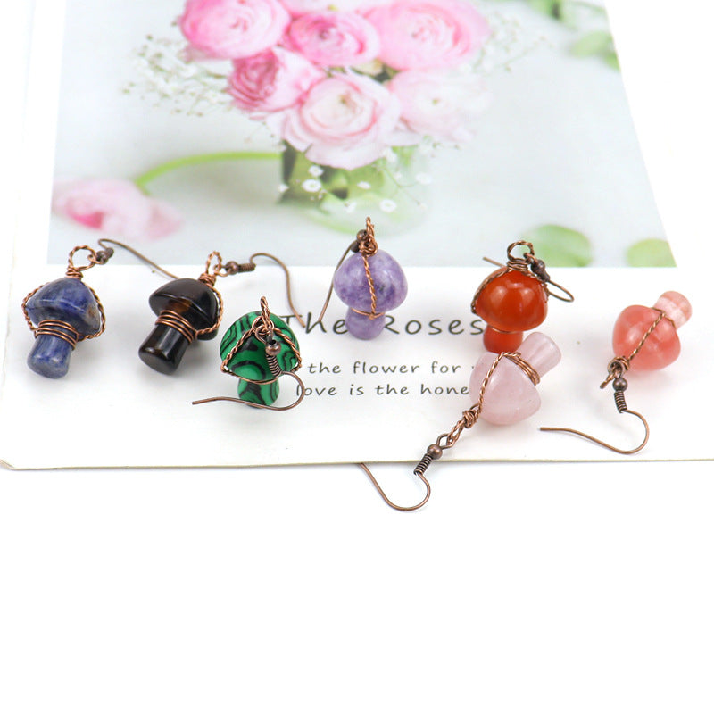 Handmade Wrapped Natural Crystal Mushroom Stud Earrings E38