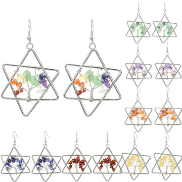 Tree of Life Hexagram Earrings – Rainbow Crystal Dangle (E17)