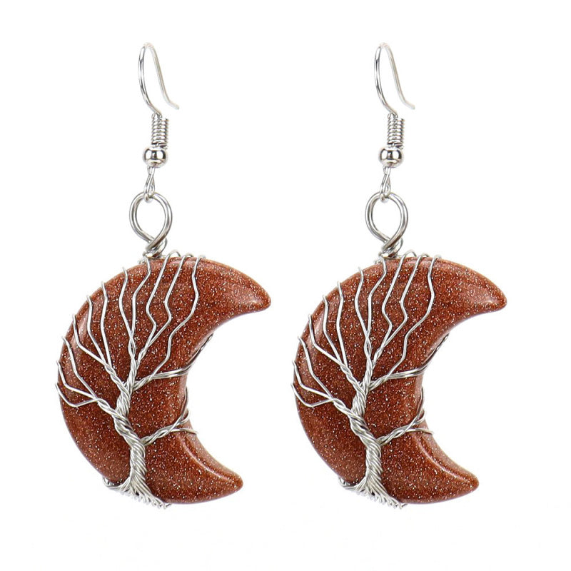 Tree of Life Moon Earrings – Amethyst Crystal Crescent Dangle (E36)