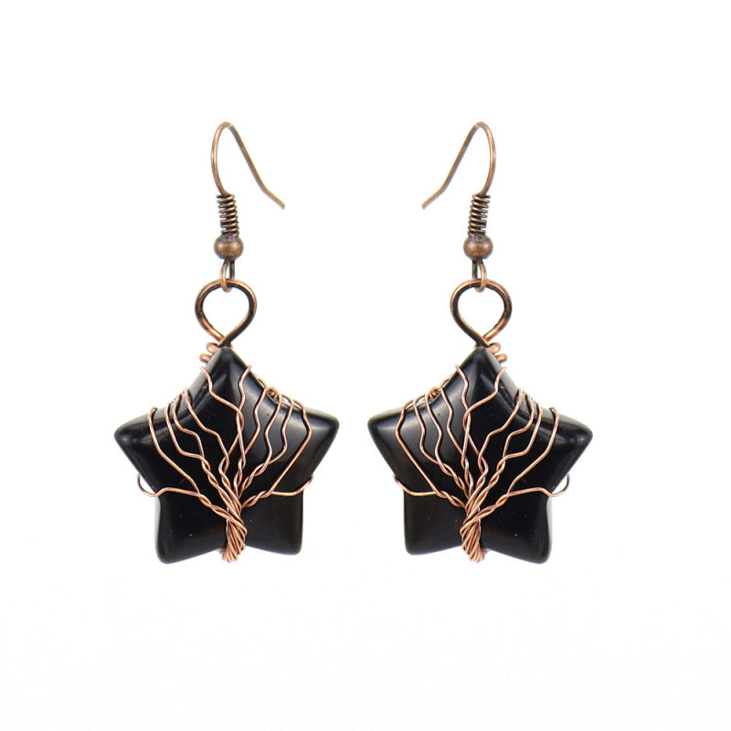 Tiger’s Eye Pentagram Earrings – Tree of Life Crystal Dangle (E56)