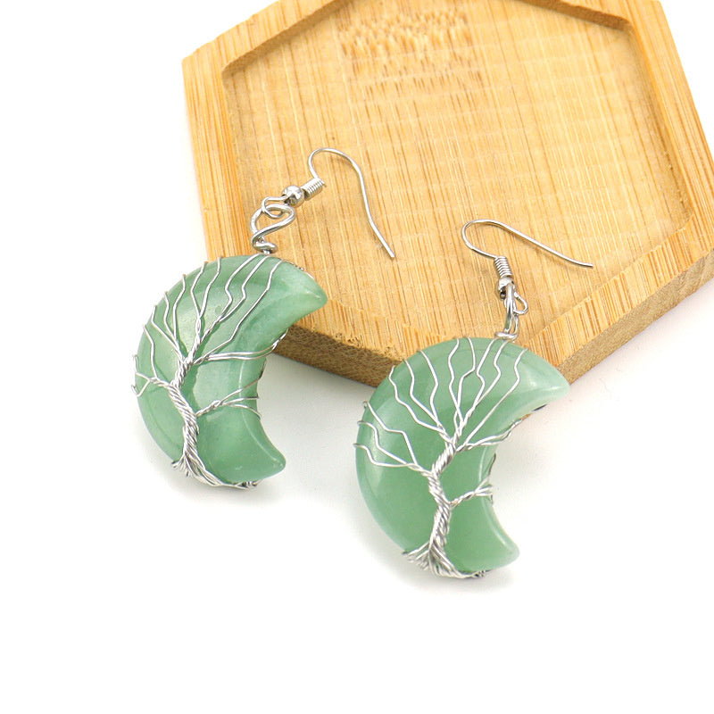 Tree of Life Moon Earrings – Amethyst Crystal Crescent Dangle (E36)