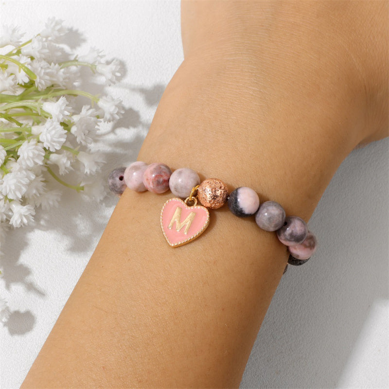 Pink Zebra Jasper Initial Bracelet – 8mm Beads, Heart Letter Charm
