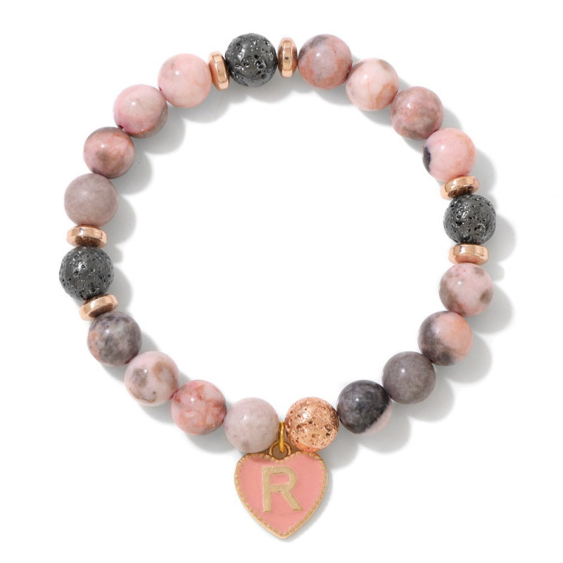 Pink Zebra Jasper Initial Bracelet – 8mm Beads, Heart Letter Charm